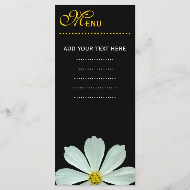 Speisekarte für das Abendessen. Weiße Blume Menükarte (Vorderseite)
