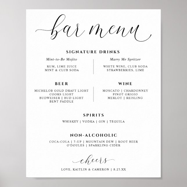 Speisekarte für Hochzeiten Bar Drinks Elegante Sig Poster (Vorne)