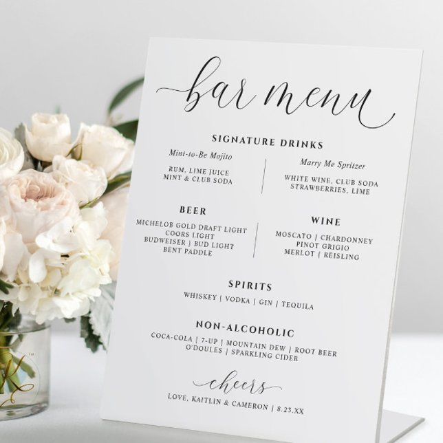 Speisekarte für Hochzeiten Bar Drinks Elegante Sig Sockelschild (Elegant Wedding Bar Menu Table Sign)