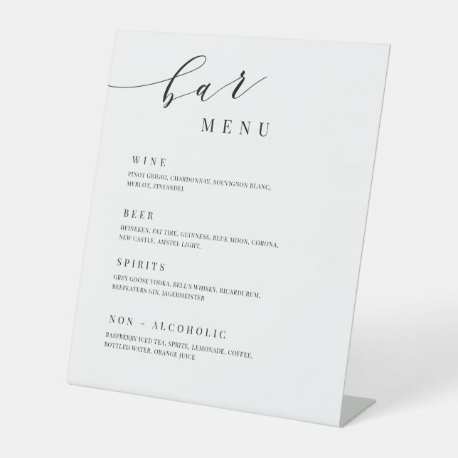 Speisekarte für Hochzeiten Bar Empfang Tafelschild Sockelschild (Vorderseite)