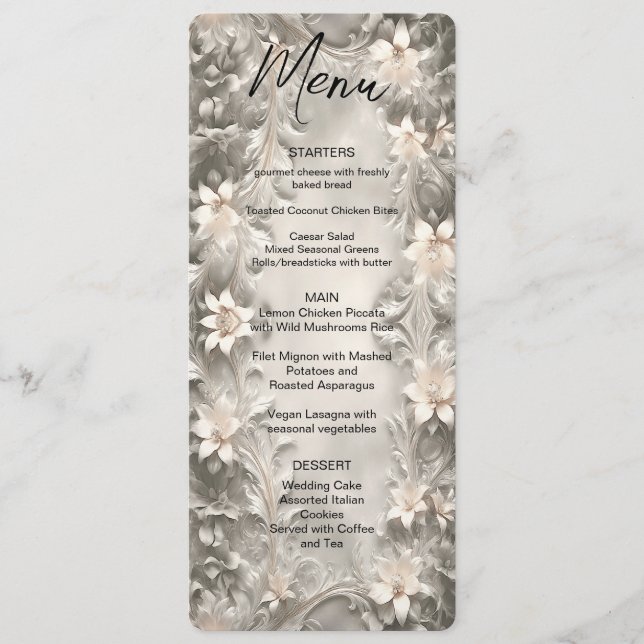Speisekarte für Hochzeiten mit weißer Flora Menükarte (Vorderseite)