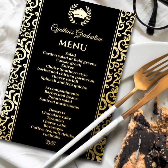 Speisekarte mit eleganten Foil Frame Abschluss Folieneinladung (Elegant Foil Frame Graduation Dinner Menu Foil Invitation #realfoilmenu #zazzlemade #elegantdinner)