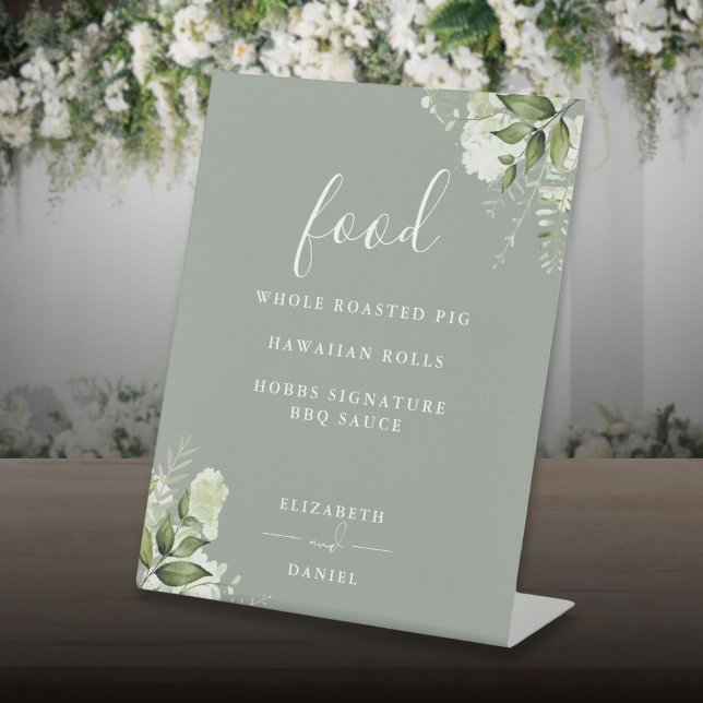 Speisekarte mit Speisekarte "Sage Green Modern Blu Sockelschild (Sage Green Modern Floral Greenery Food Menu Pedestal Sign)