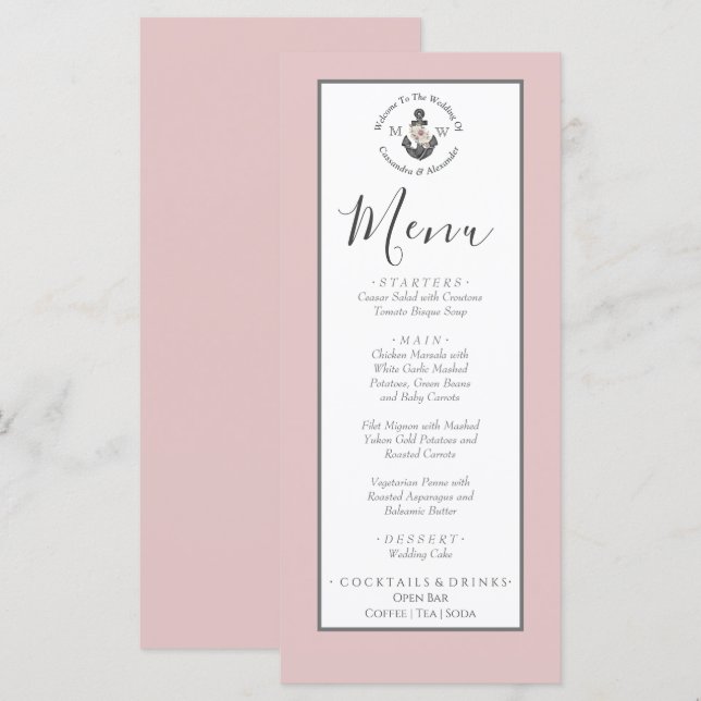 Speisekarte Nautical-Themed Floral Anchor Dusty Ro Menükarte (Vorne/Hinten)