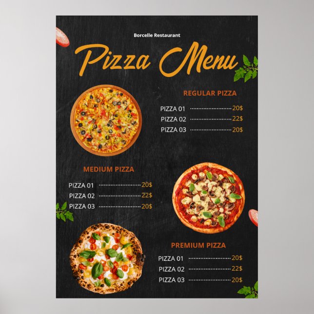 Speisekarte Pizza Pizzaria Restaurant Menü Poster (Vorne)