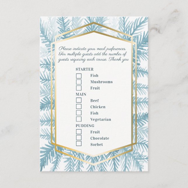 Speisekarte Winterevent Blau Fichtenkunst Begleitkarte (Vorderseite)
