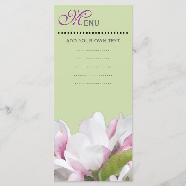 Speisekarte zum Abendessen, Blume aus rosa Apfel. Menükarte (Vorderseite)