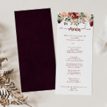 Speisekarte zum Abendessen mit rustikaler Sommerka Menükarte<br><div class="desc">Diese rustikale Sommerkalkarte ist perfekt für eine einfache Hochzeit. Die Blume sind bordeauxrot,  rosa und rot,  das Wasser ist mit grünen Blätter in einem bräunlichen Hintergrund. Dieses Menü kann für Hochzeitsempfang,  Probe Dinner,  Brautparty oder jede Veranstaltung verwendet werden.</div>