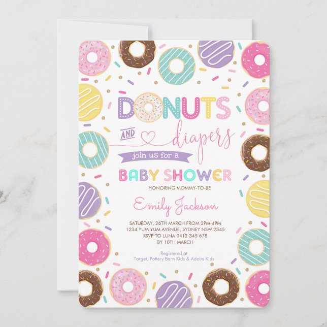 Spenden und Windeln | Rainbow Doughnut Baby Dusche Einladung (Vorderseite)