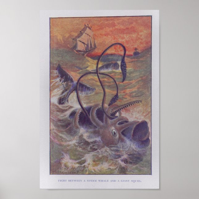 Sperm Whale Riant Tintenfisch Fight Color Print Poster (Vorne)