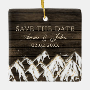 Sperrholz Rustikale Berge Save the Date Foto Keramikornament