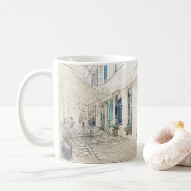 Spetses traditionell griechische Straßen, Griechen Kaffeetasse (Mit Donut)