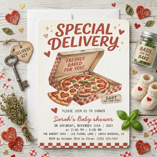 Speziallieferung Pizza Baby Shower Frisch Gebacken Einladung