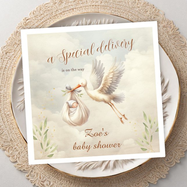 Spezielle Baby-Dusche für das Geschlecht der neutr Serviette (Special Delivery Gender Neutral Stork Baby Shower Napkins)