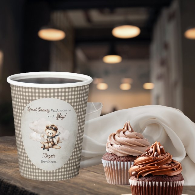 Spezielle Babydusche für Teddy-Bären Pappbecher (Cute "Special Delivery Via Airmail . . . It's A Boy!" Teddy Bear | Airplane Baby Shower Paper Cups)