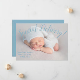 Spezielle Liefertermine Script Baby Boy Blue Birth Ankündigung