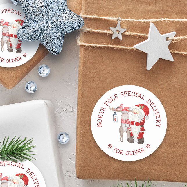 Spezielle Lieferung an Nordpol Niedlicher Weihnach Runder Aufkleber (North Pole Special Delivery santa sticker - personalized with child's name)