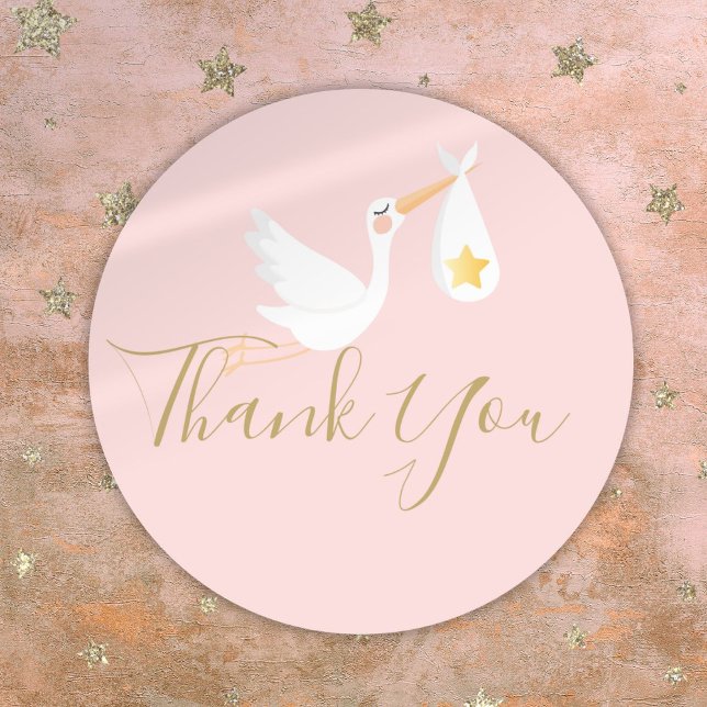 Spezielle Lieferung Stork Baby Dusche Danke Pink Runder Aufkleber (Special Delivery Stork Baby Shower Thank You Pink Classic Round Sticker)