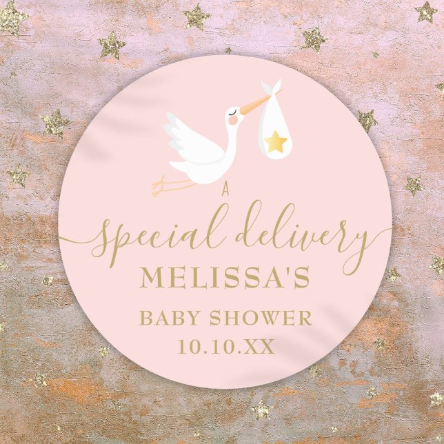 Spezielle Lieferung Stork Baby Girl Pink Dusche Runder Aufkleber (Special Delivery Stork Baby Girl Pink Shower Classic Round Sticker)