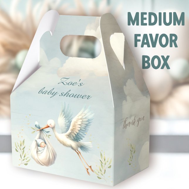 Spezielle Lieferung Stork Boy Baby Shower Medium Geschenkschachtel (Special Delivery Stork Medium Favor Boxes - You can choose from 3 sizes of these gable favor boxes.)