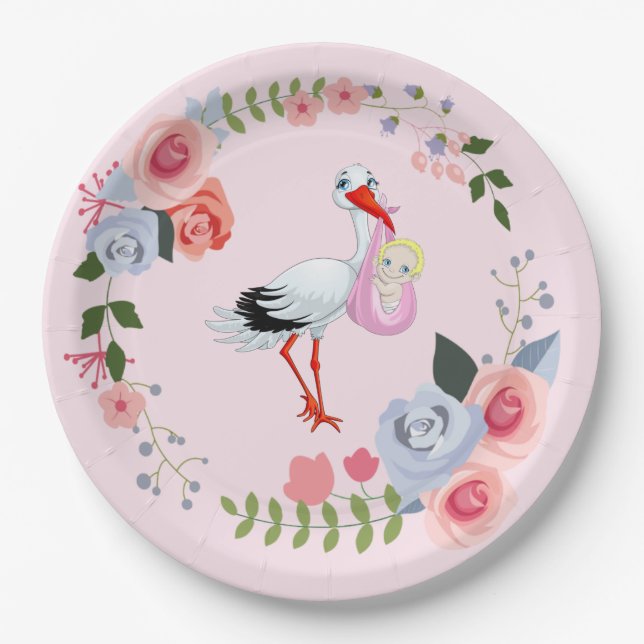 Spezielle Lieferung Stork Floral Baby Dusche Pappteller (Vorderseite)