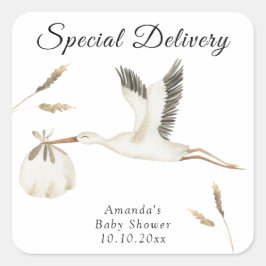 Spezielle Lieferung Wasserfarben Stork Baby Dusche Quadratischer Aufkleber