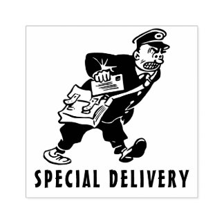Spezielle Lieferung wütend Postbote Cartoon Gummistempel