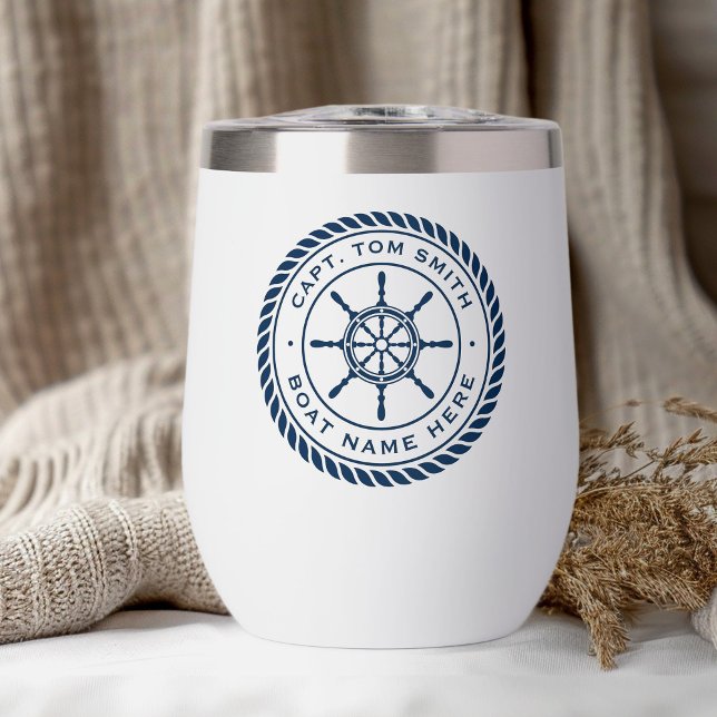 Spezieller Name des Schiffes (Custom captain boat name nautical ship's wheel thermal wine tumbler)