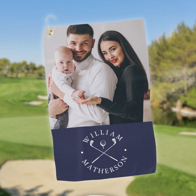 Spezifische Fotos und Ball Navy Blue Golfhandtuch (Custom Photo Name Clubs And Ball Navy Blue White Golf Towel)