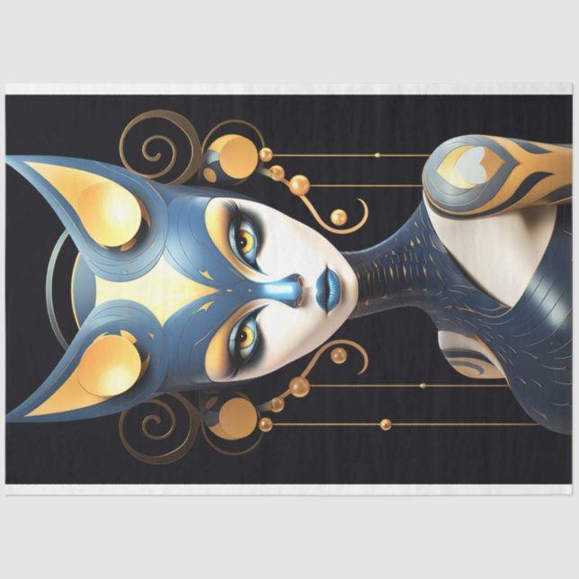 Sphinx Cat Black Gold Blue Deco Seidenpapier (Vorderseite)