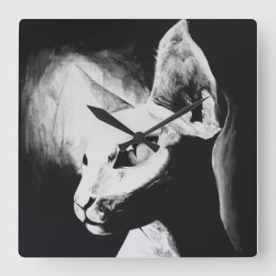 Sphynx Cat Black White Contrast Hairless Kitty Art Quadratische Wanduhr