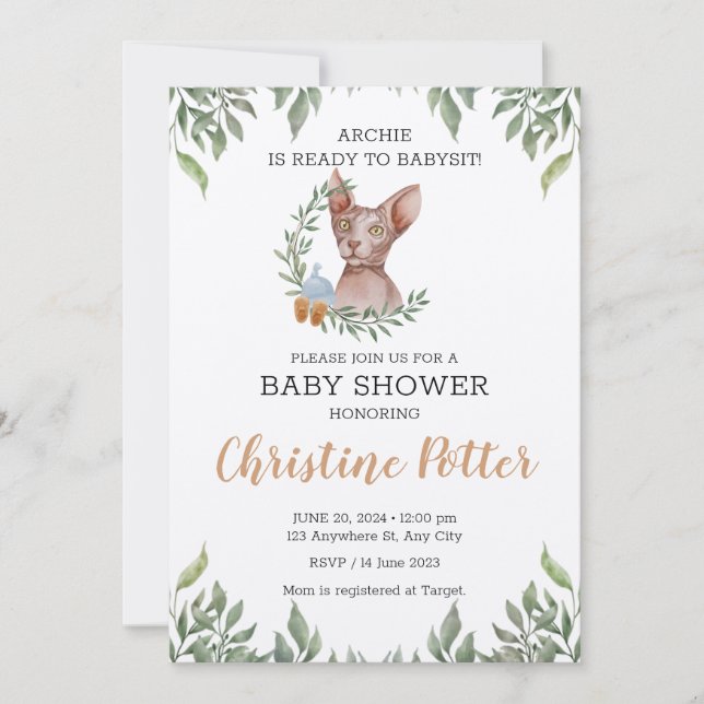 Sphynx Cat Boy Boho Greenery Baby Shower Einladung (Vorderseite)
