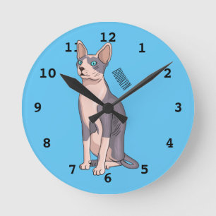Sphynx cat cartoon illustration runde wanduhr