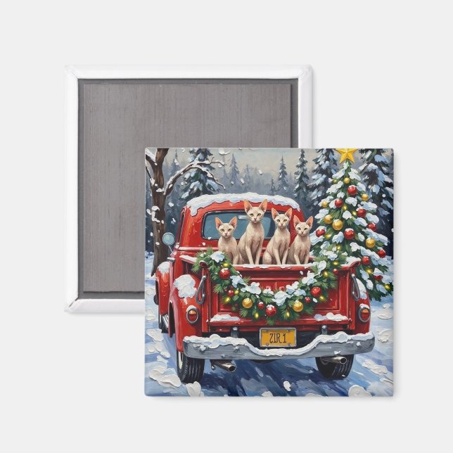 Sphynx Cat Christmas Red Truck Holiday Magnet (Vorderseite/Rückseite)
