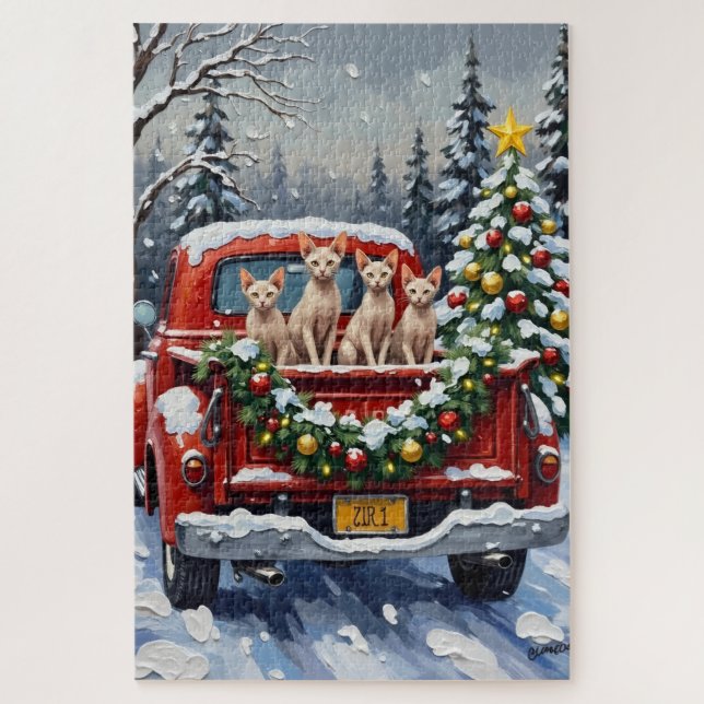 Sphynx Cat Christmas Red Truck Holiday Puzzle (Vertikal)