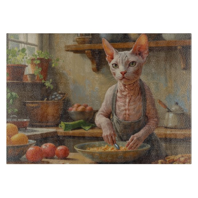 Sphynx Cat Cooking in Kitchen Schneidebrett (Vorderseite)