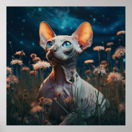 Sphynx Cat Gazing Sky – Vibrant Floral Art Poster