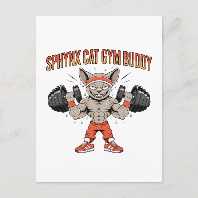 Sphynx Cat Gym Buddy Cartoon Fitness Art Postkarte (Vorderseite)