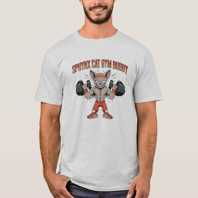 Sphynx Cat Gym Buddy Cartoon Fitness Art T-Shirt (Vorderseite)