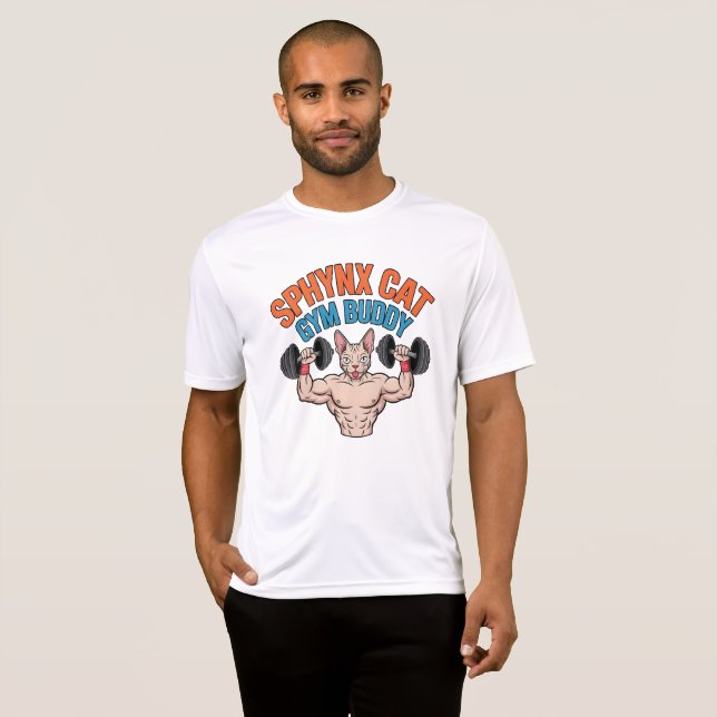 Sphynx Cat Gym Buddy Muscular Cartoon Art T-Shirt (Vorne ganz)
