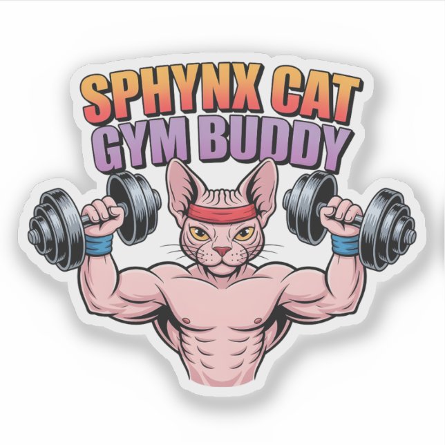 Sphynx Cat Gym Buddy Muscular Cartoon Aufkleber (Vorderseite)