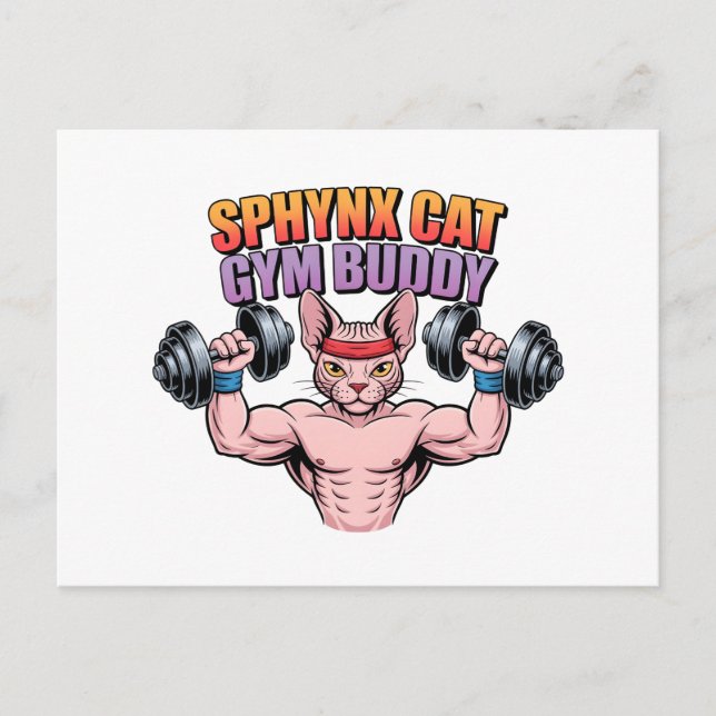 Sphynx Cat Gym Buddy Muscular Cartoon Postkarte (Vorderseite)