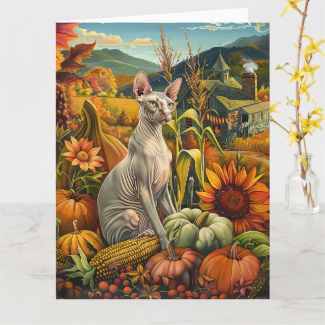 Sphynx Cat Herbsternte Erntedank Karte (Gelbe Blume)