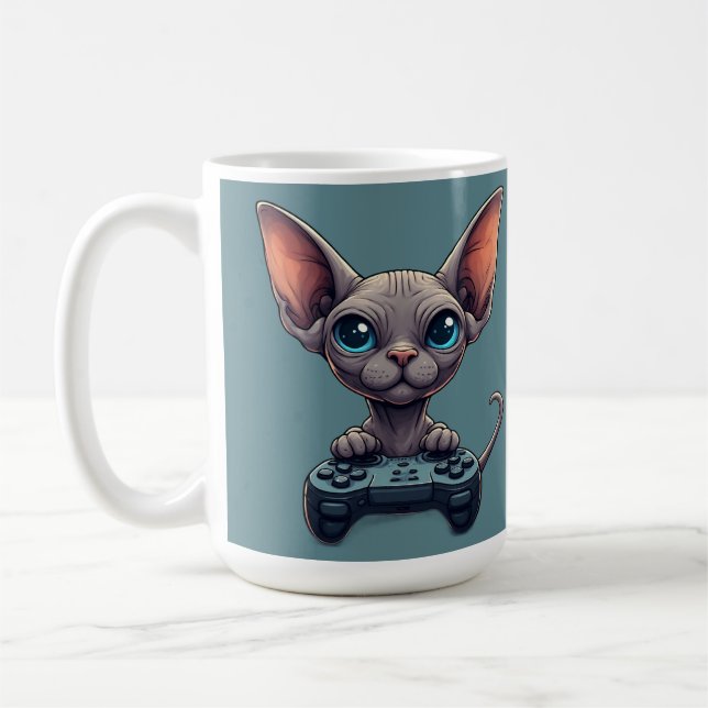 Sphynx Cat Holding Game Controller Kaffeetasse (Links)