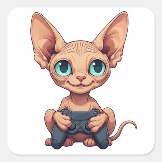 Sphynx Cat Holding Game Controller Quadratischer Aufkleber (Vorderseite)