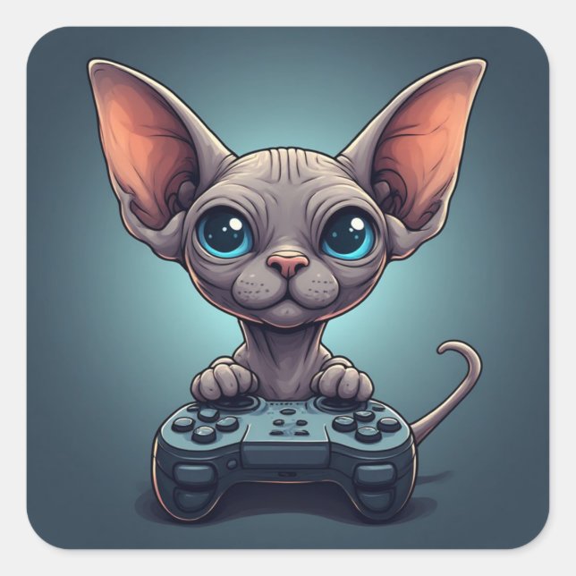 Sphynx Cat Holding Game Controller Quadratischer Aufkleber (Vorderseite)