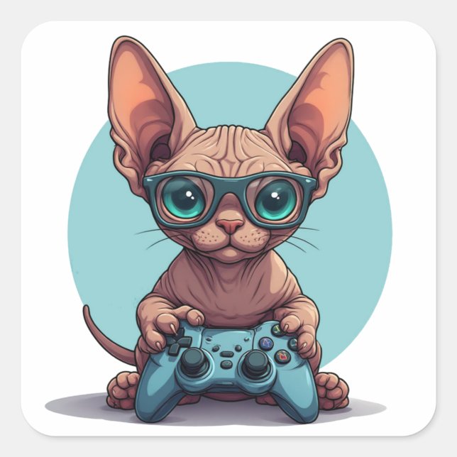 Sphynx Cat Holding Game Controller Quadratischer Aufkleber (Vorderseite)