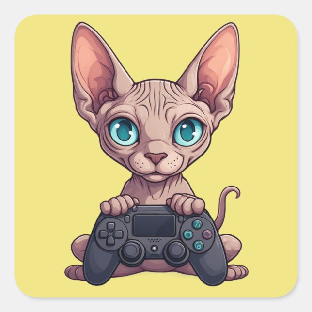 Sphynx Cat Holding Game Controller Quadratischer Aufkleber (Vorderseite)
