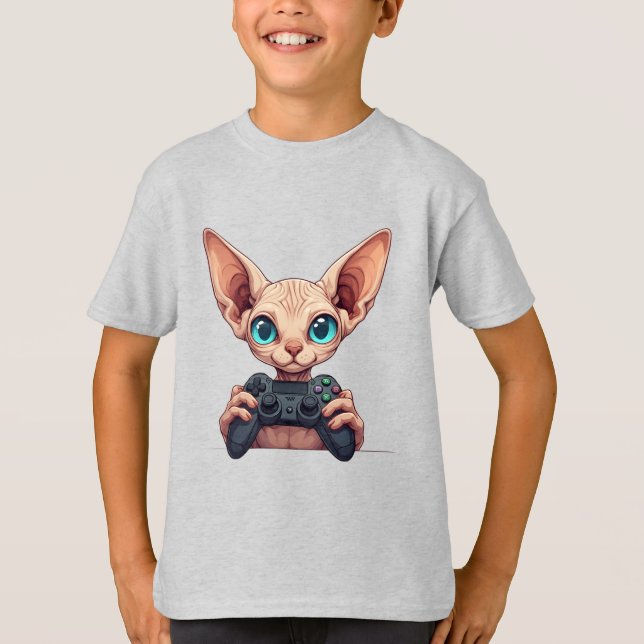 Sphynx Cat Holding Game Controller T-Shirt (Vorderseite)