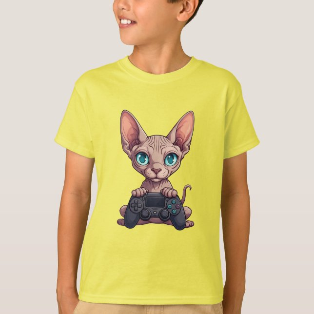 Sphynx Cat Holding Game Controller T-Shirt (Vorderseite)